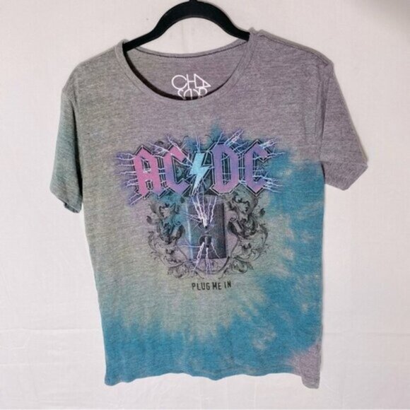 Chaser Oversized Rainbow Tie Dye On Grey ACDC Plug Me In Graphic Band Tee S - Picture 1 of 16